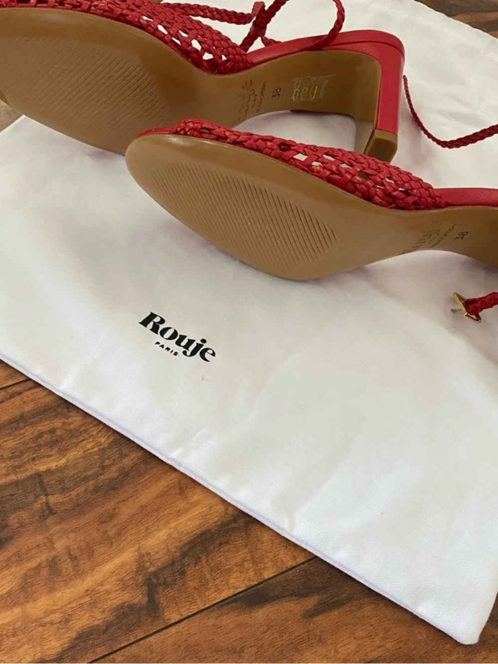 Rouje Liz Sandals Cherry Red Braided Leather Heels 39 / 7.5 - Picture 3 of 12